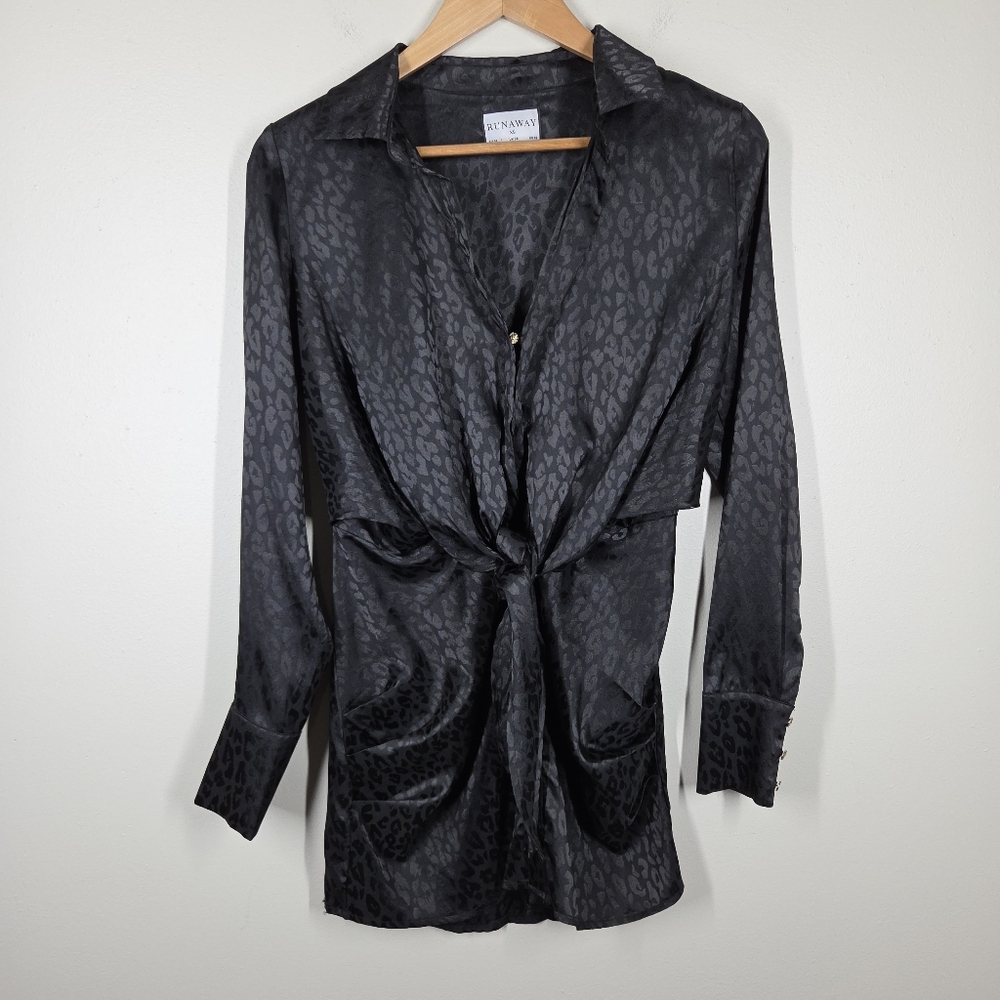 Runaway The Label Ruby Shirt Dress Black Leopard Mini Long Sleeve Tie Front XS